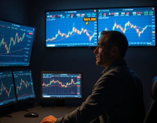 Trader analyzing Bitcoin price charts on multiple monitors in a dark trading room