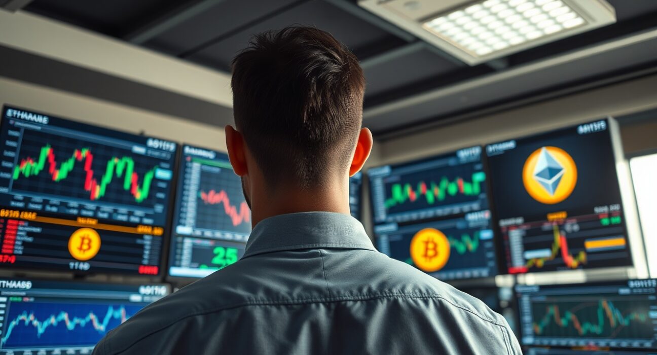 Trader analyzing crypto and stock charts on multiple screens in a modern office