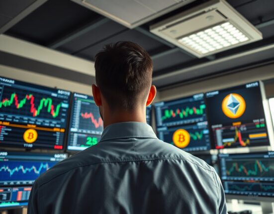 Trader analyzing crypto and stock charts on multiple screens in a modern office
