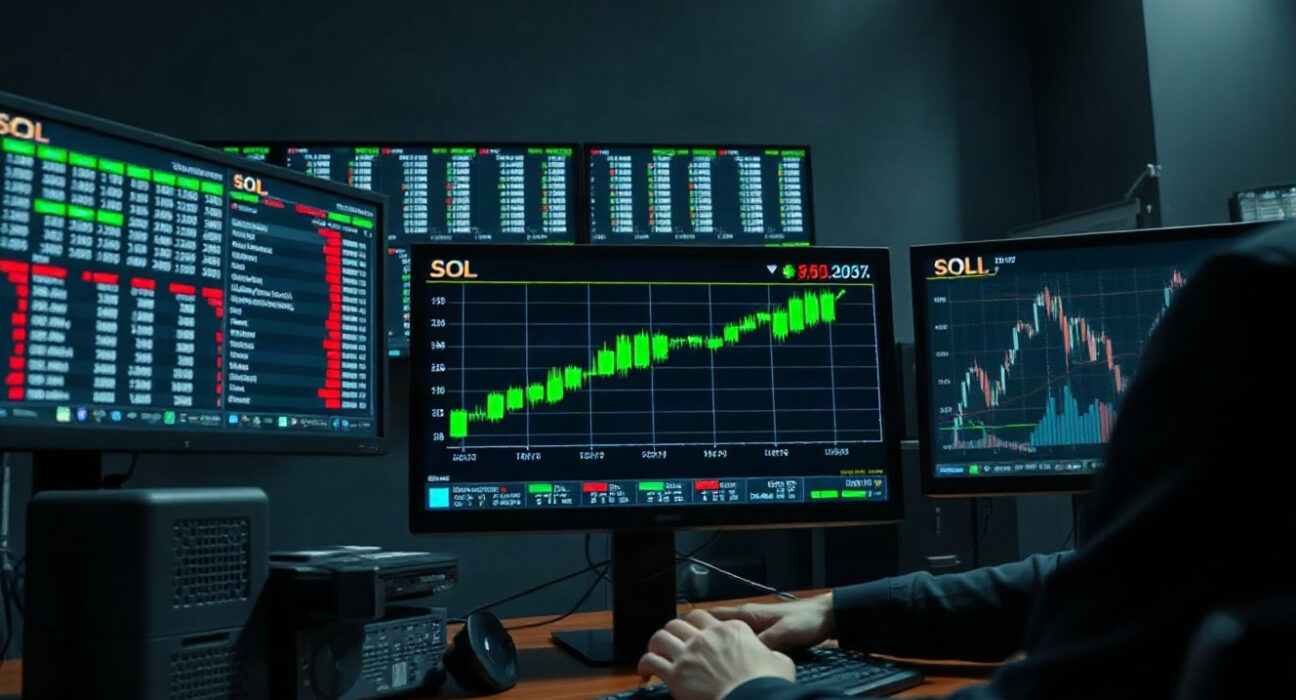 Trading desk with monitors showing SOL chart and leveraged position