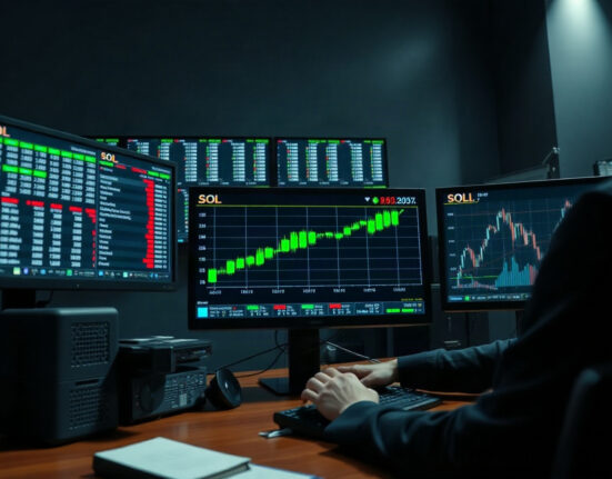 Trading desk with monitors showing SOL chart and leveraged position