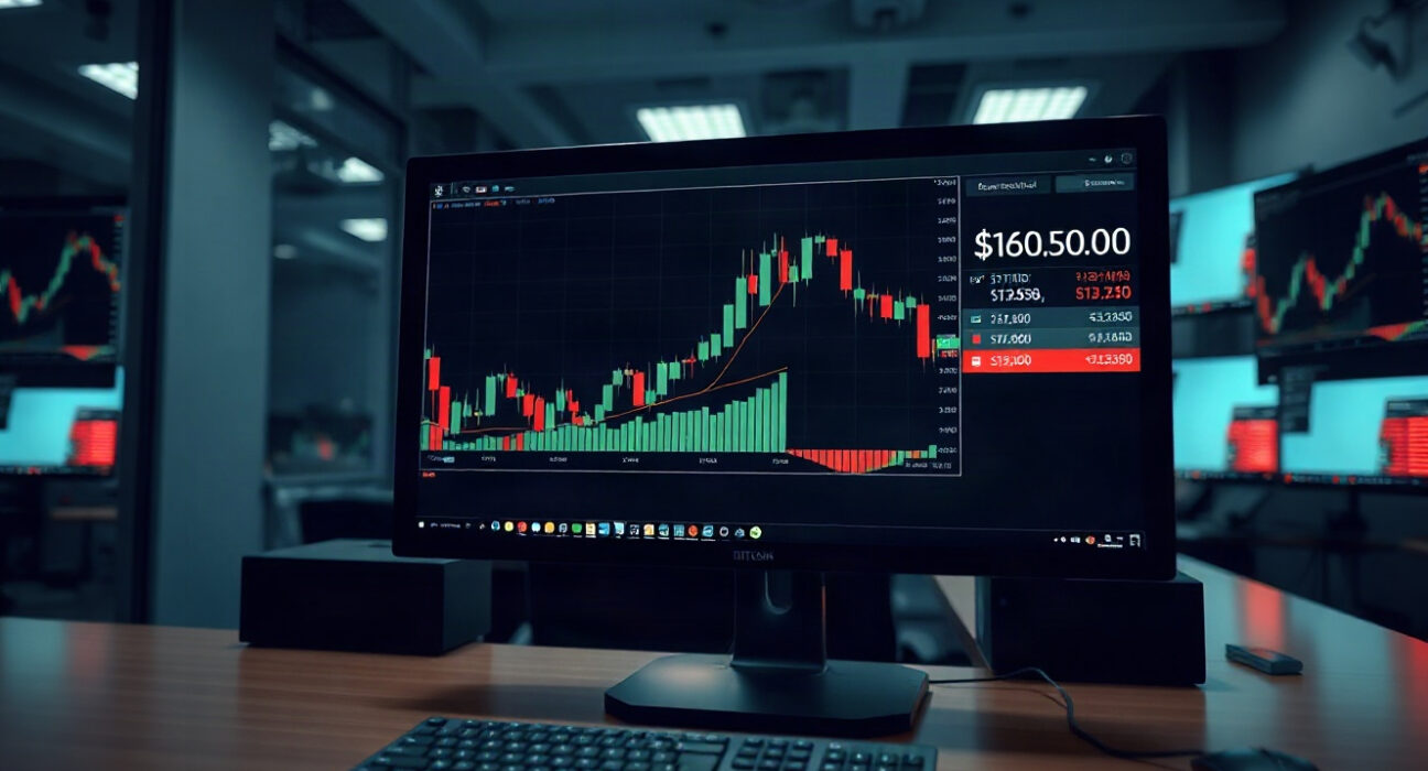 Bitcoin price charts on trading monitors with bullish trend indicators