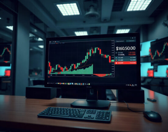 Bitcoin price charts on trading monitors with bullish trend indicators