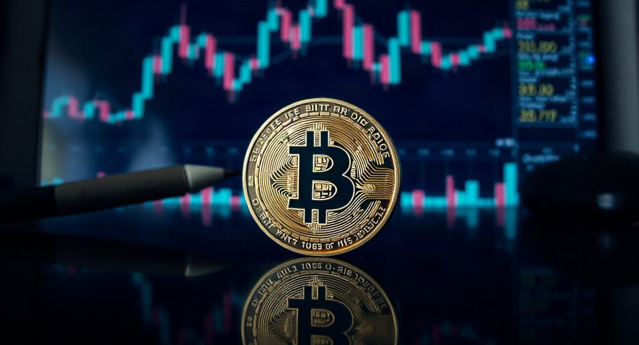 Bitcoin coin on reflective surface with trading charts in background