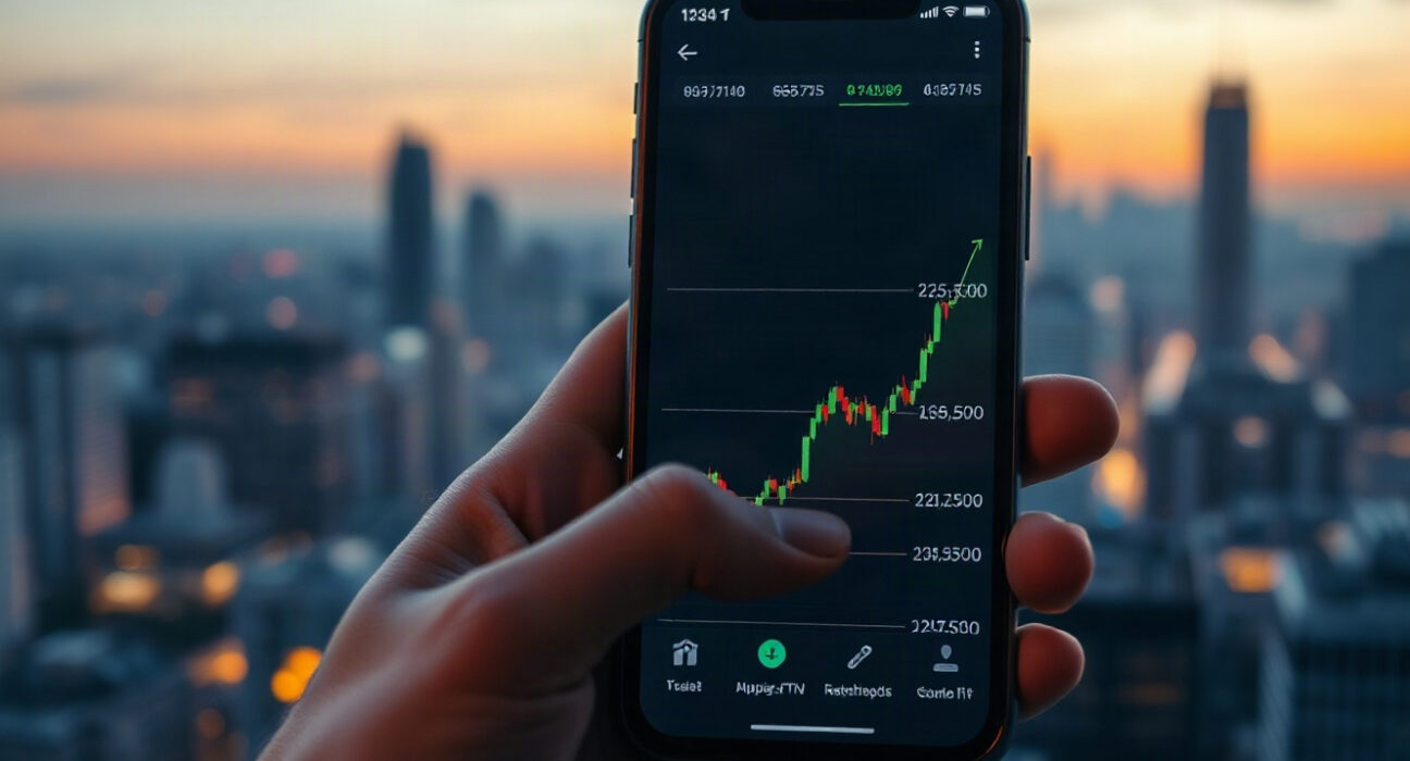 Close-up of a smartphone displaying a rising cryptocurrency trading chart, symbolizing a successful memecoin trade.