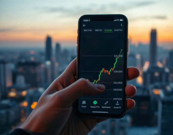 Close-up of a smartphone displaying a rising cryptocurrency trading chart, symbolizing a successful memecoin trade.