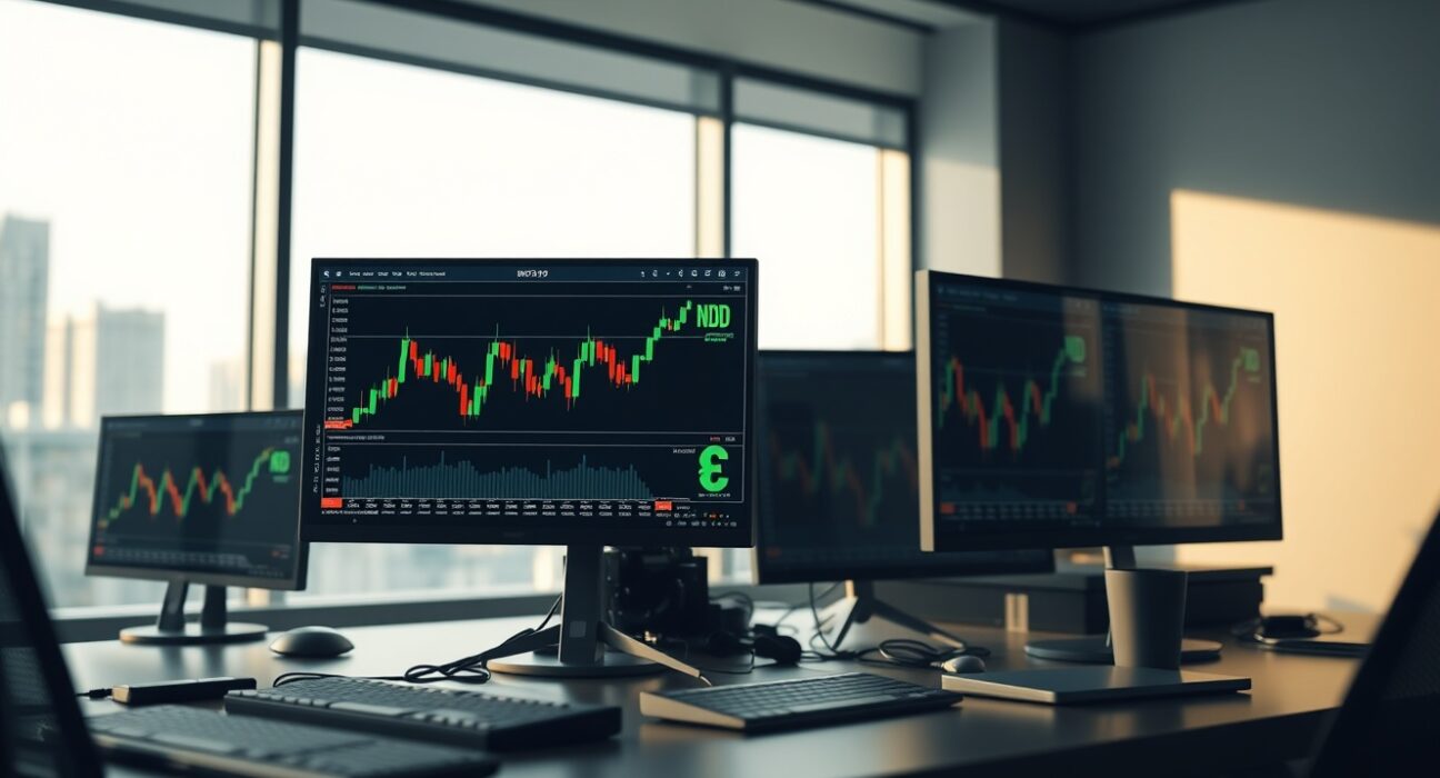 Forex trading screens showing New Zealand dollar charts and market data in a professional office setting