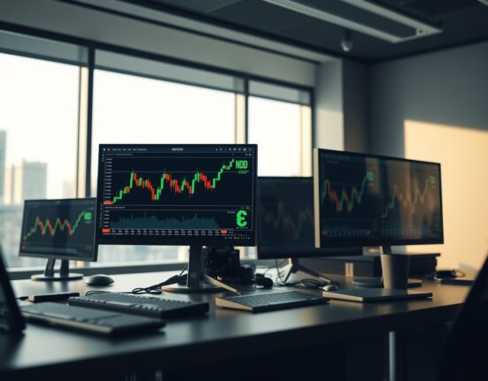 Forex trading screens showing New Zealand dollar charts and market data in a professional office setting
