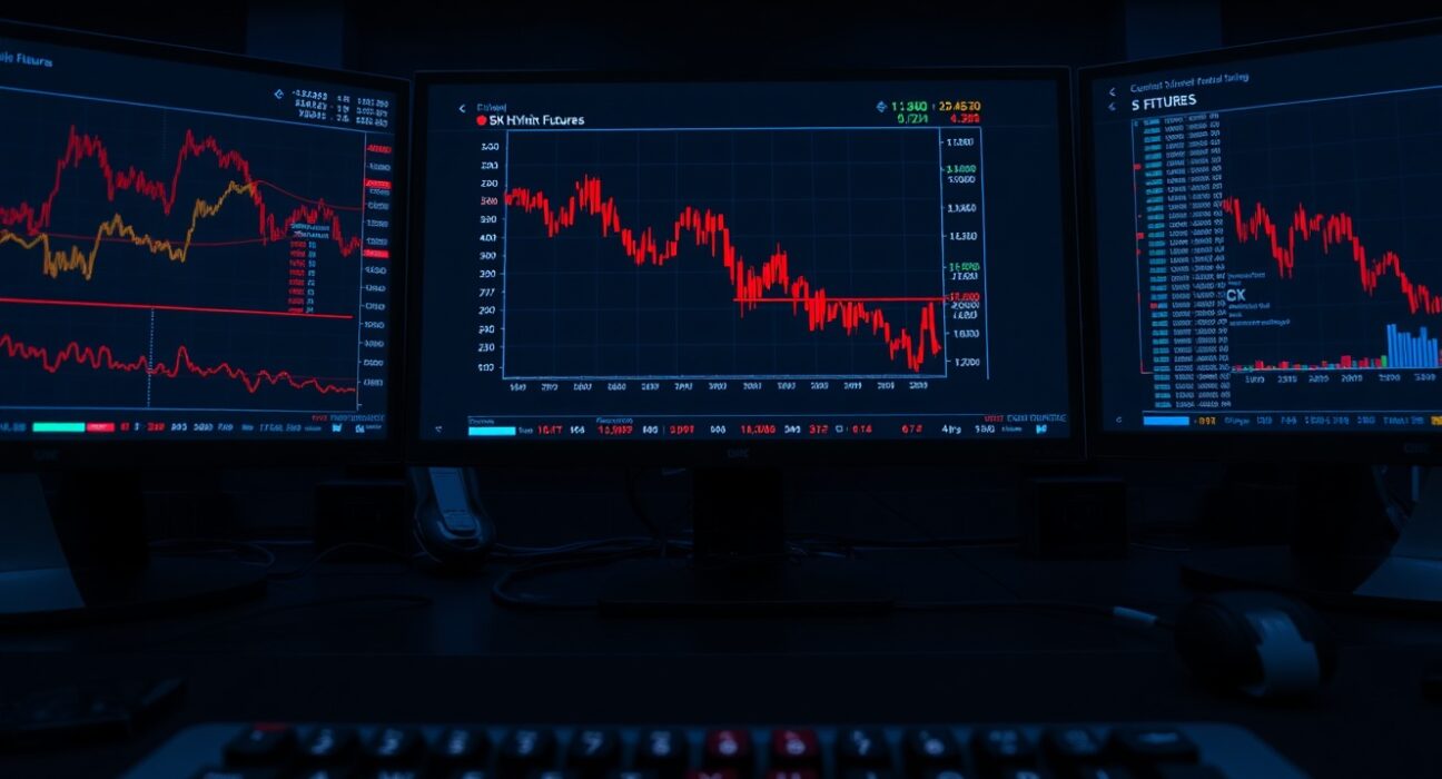 Trading desk monitors showing a sharp red price drop on SK Hynix futures chart