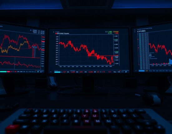 Trading desk monitors showing a sharp red price drop on SK Hynix futures chart