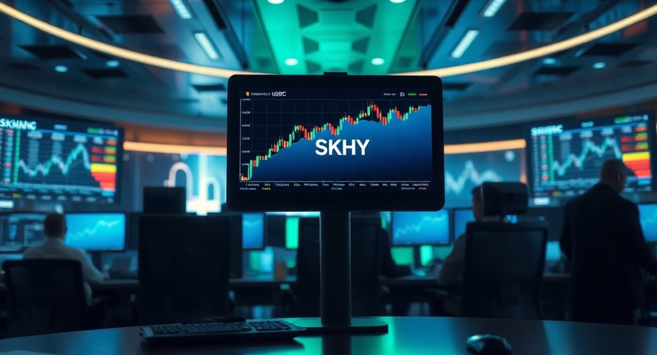 Trading desk monitor displaying SKHY/USDC perpetual futures chart on TradeXYZ platform