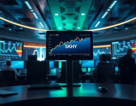 Trading desk monitor displaying SKHY/USDC perpetual futures chart on TradeXYZ platform