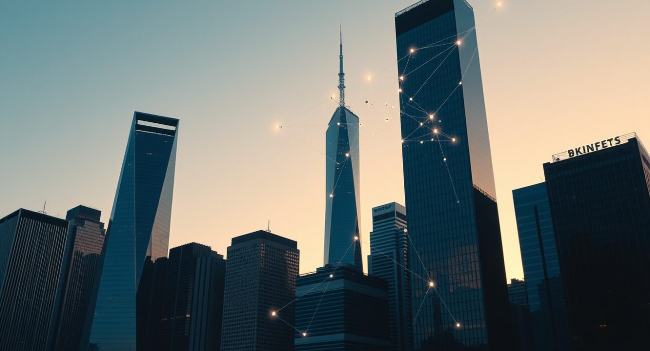 Modern financial district skyline with subtle digital blockchain network overlay at sunset