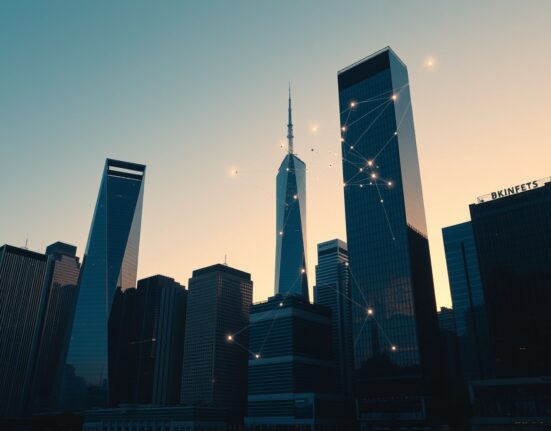 Modern financial district skyline with subtle digital blockchain network overlay at sunset
