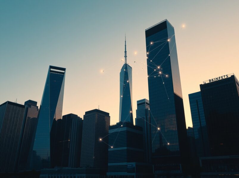 Modern financial district skyline with subtle digital blockchain network overlay at sunset