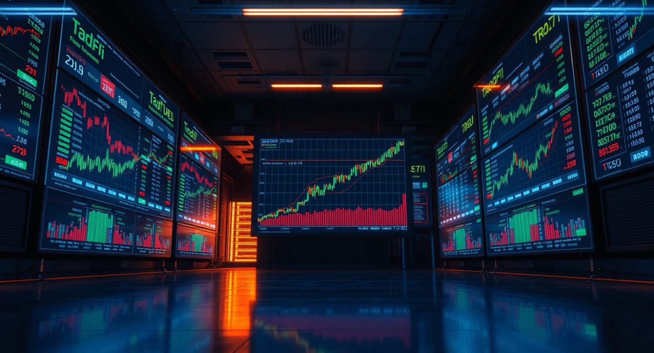 Digital trading screens displaying TradFi futures volume charts on a crypto exchange trading floor