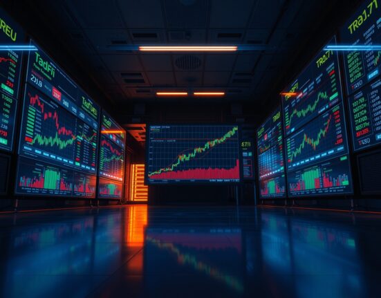 Digital trading screens displaying TradFi futures volume charts on a crypto exchange trading floor