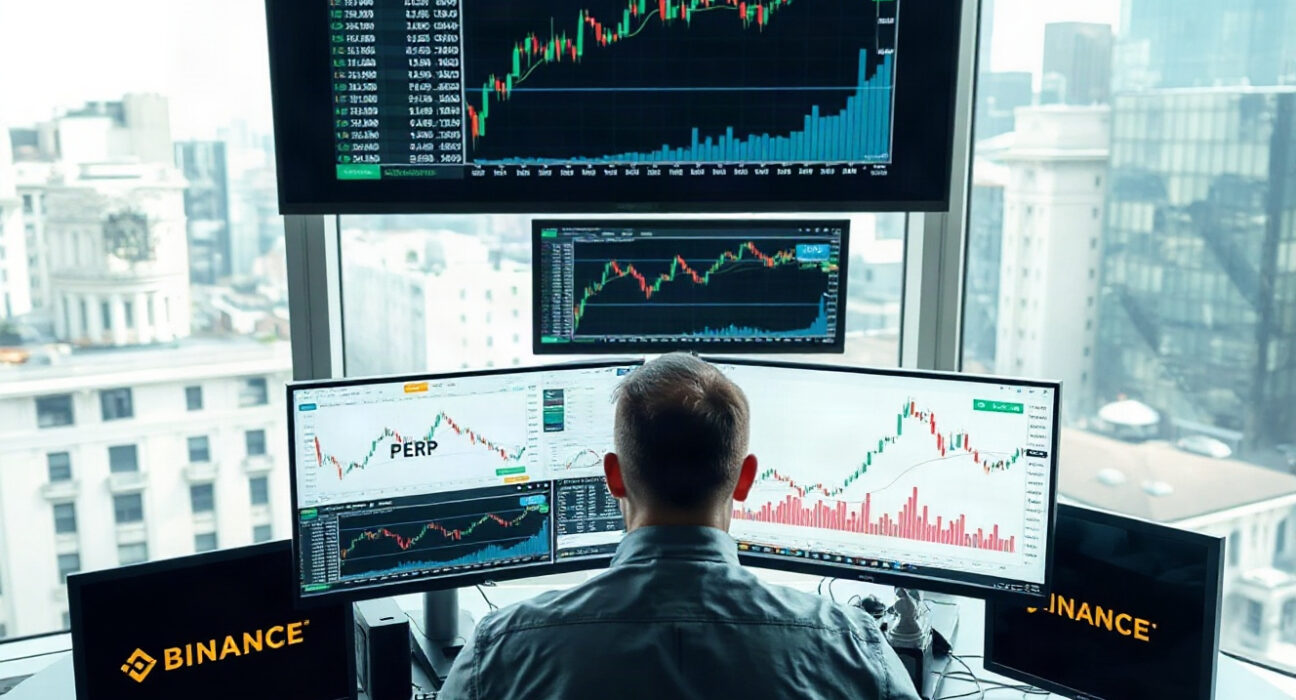 Trading desk with charts showing TradFi-linked perpetual futures overtaking Bitcoin on Binance