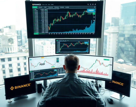 Trading desk with charts showing TradFi-linked perpetual futures overtaking Bitcoin on Binance