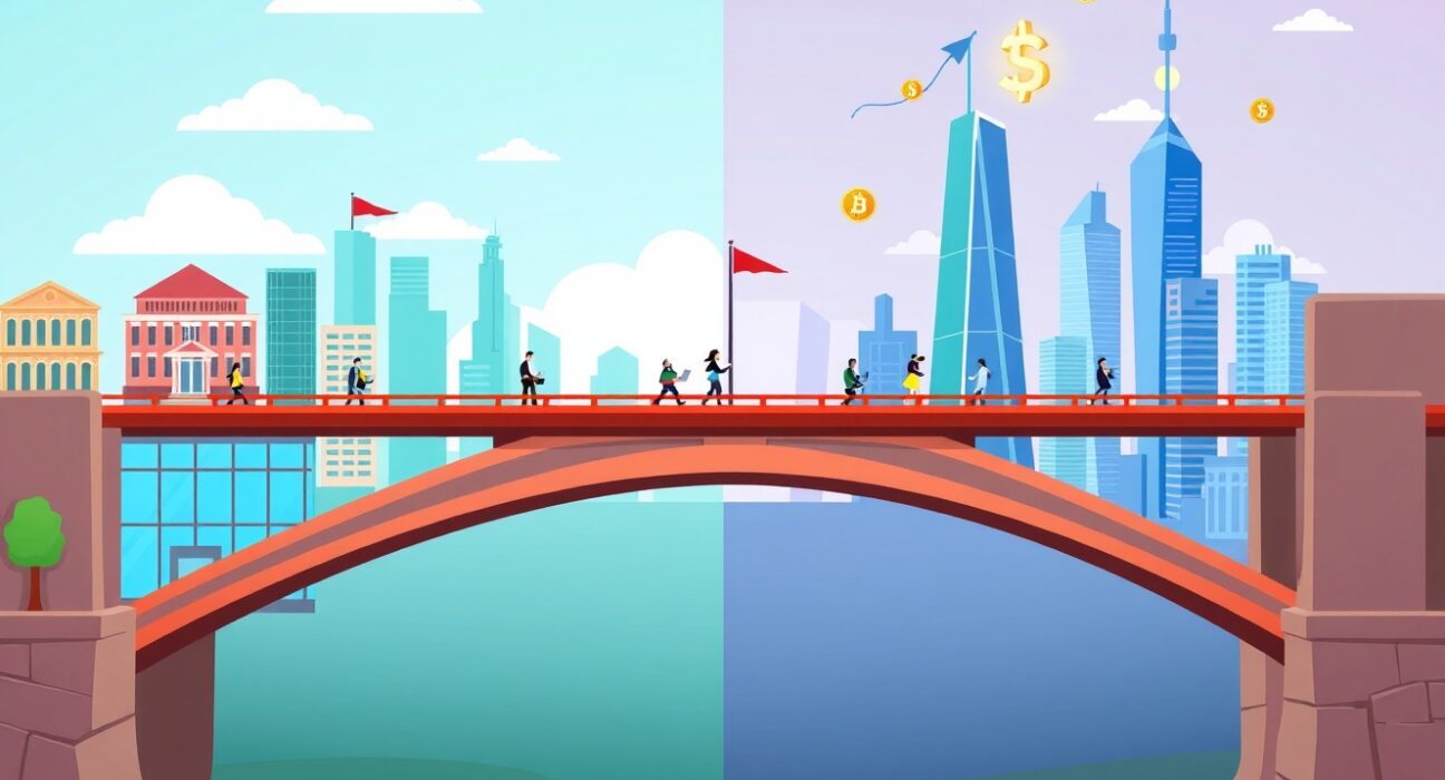 A vibrant cartoon bridge connecting traditional finance to crypto principles for a new traditional asset exchange.