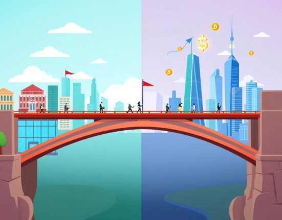 A vibrant cartoon bridge connecting traditional finance to crypto principles for a new traditional asset exchange.