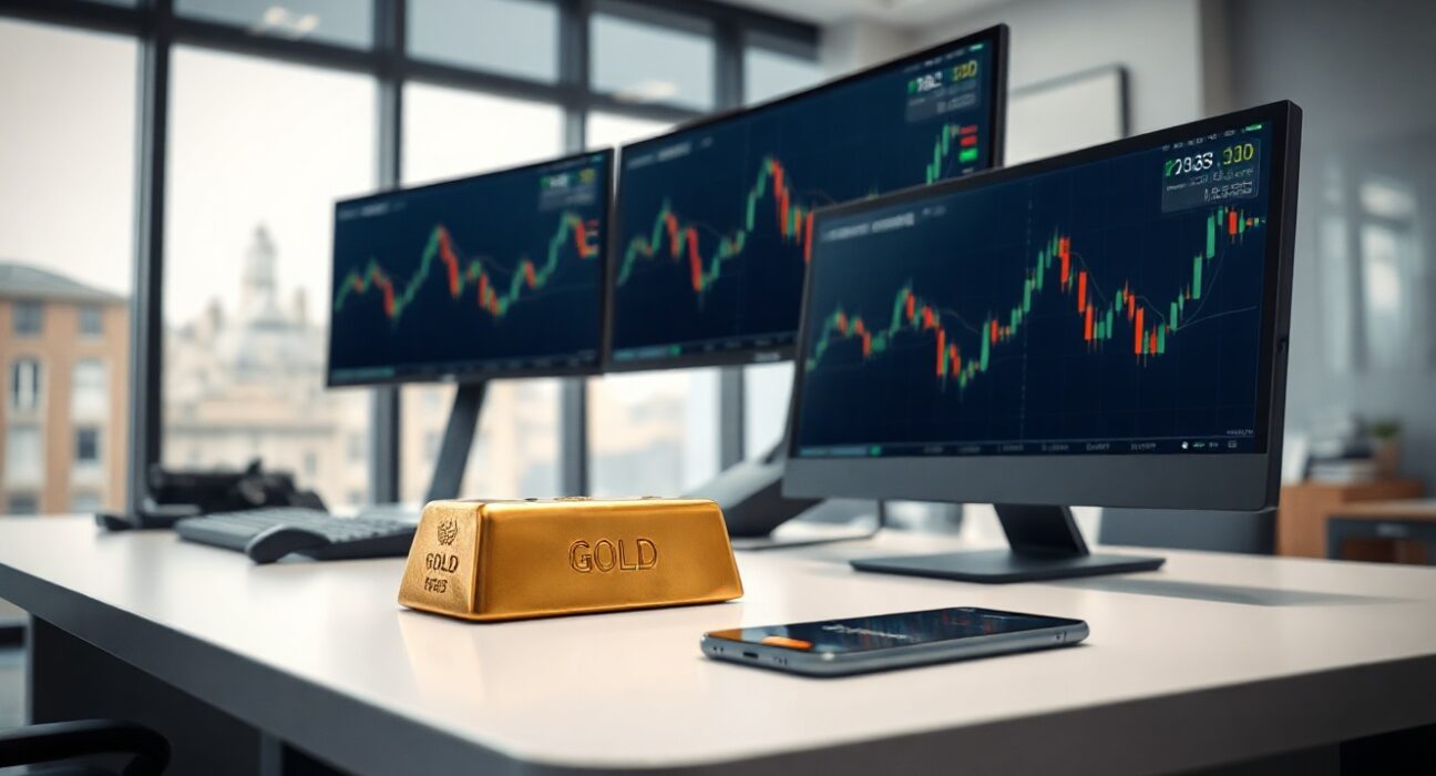 Gold bar and trading charts on a desk representing traditional assets on decentralized exchanges