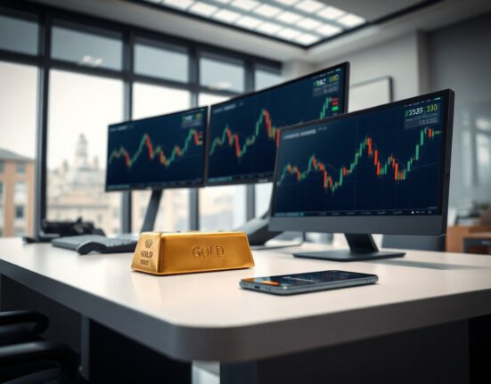 Gold bar and trading charts on a desk representing traditional assets on decentralized exchanges