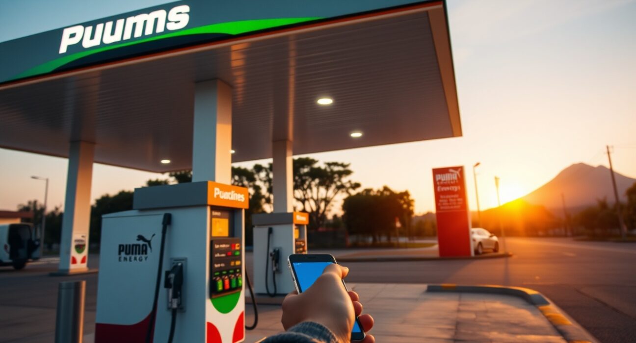 Customer using smartphone for USDT stablecoin payment at a Puma Energy gas station in El Salvador.
