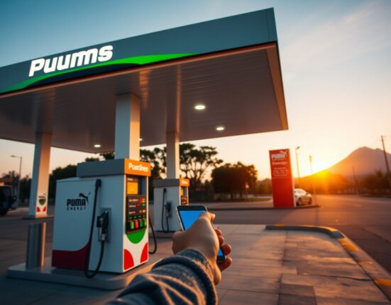 Customer using smartphone for USDT stablecoin payment at a Puma Energy gas station in El Salvador.