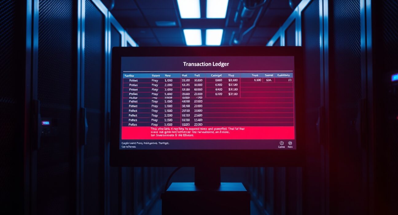 Dimly lit server room with a monitor showing a transaction alert, representing a crypto exploit.
