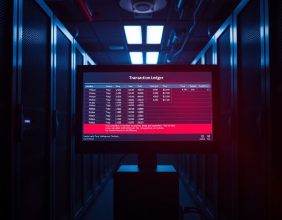Dimly lit server room with a monitor showing a transaction alert, representing a crypto exploit.