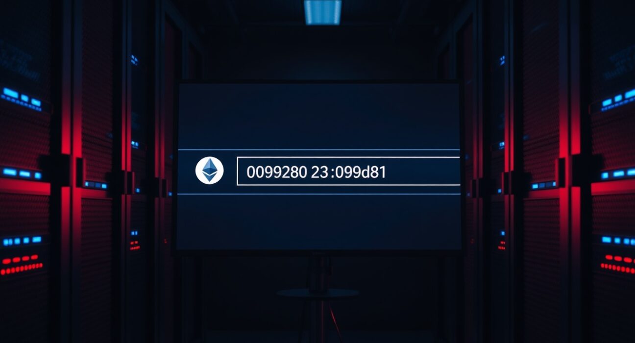 Blockchain transaction screen showing a transfer of stolen Ethereum to Tornado Cash in a dimly lit server room.