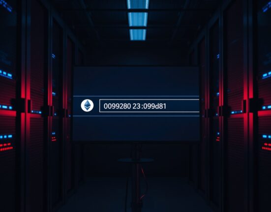 Blockchain transaction screen showing a transfer of stolen Ethereum to Tornado Cash in a dimly lit server room.
