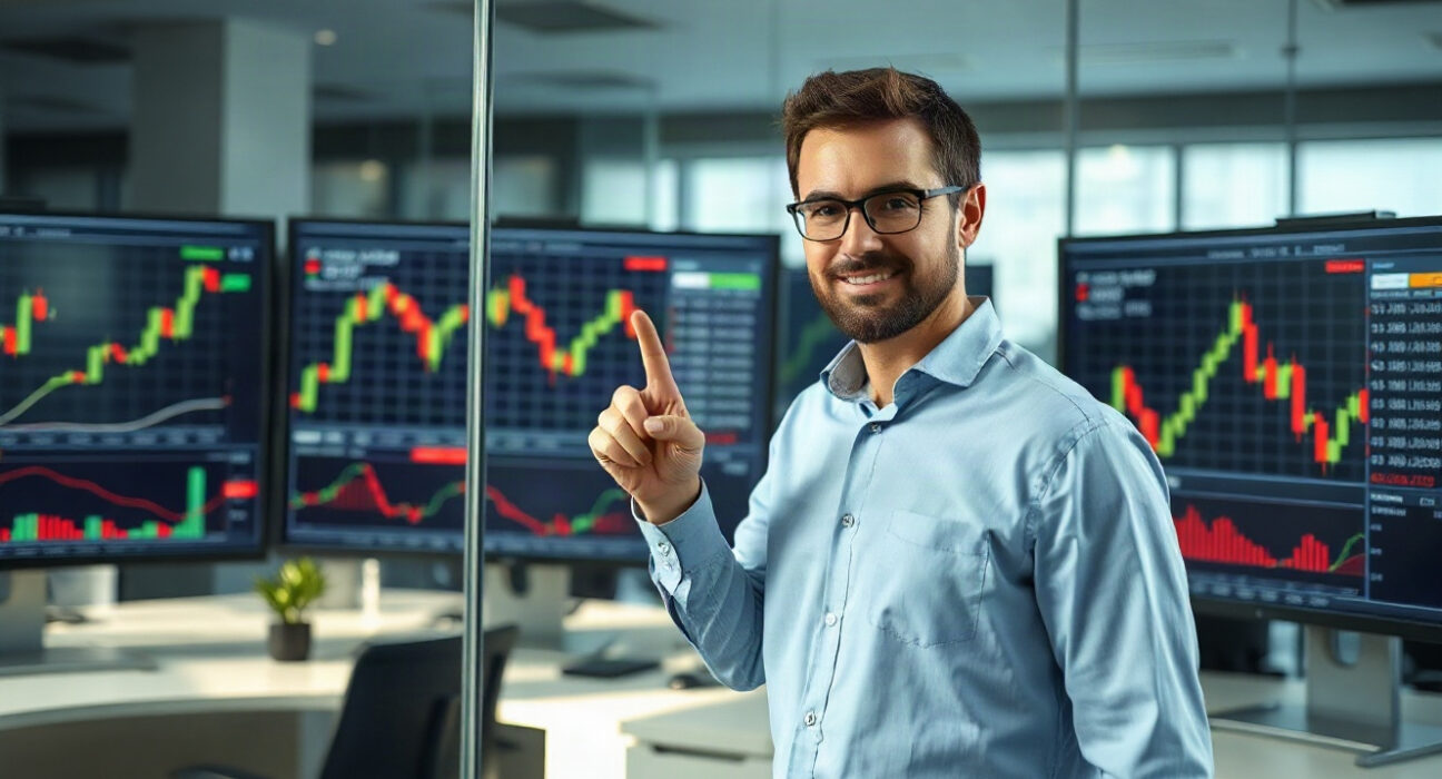 Financial analyst reviewing transparent trading charts on large monitors in a modern office