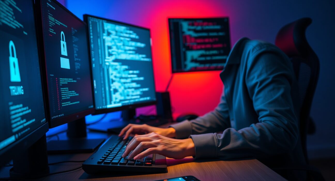 Developer working at a computer with warning alert on screen representing TrapDoor malware threat