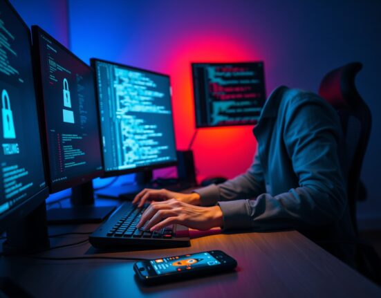 Developer working at a computer with warning alert on screen representing TrapDoor malware threat