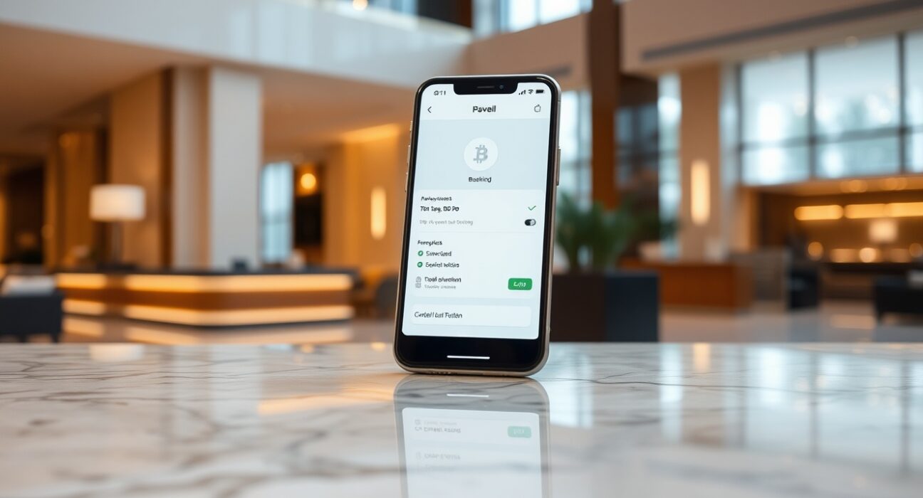 Smartphone displaying a crypto booking interface on a hotel lobby counter