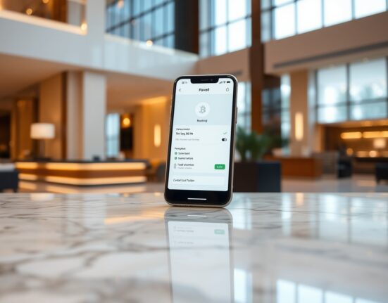 Smartphone displaying a crypto booking interface on a hotel lobby counter