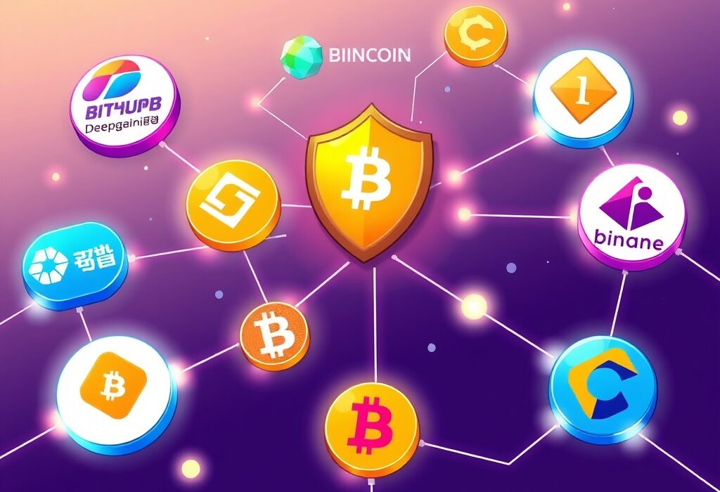 An illustration showing secure data transfer between Bithumb and Deepcoin, highlighting enhanced Travel Rule compliance for crypto exchanges.