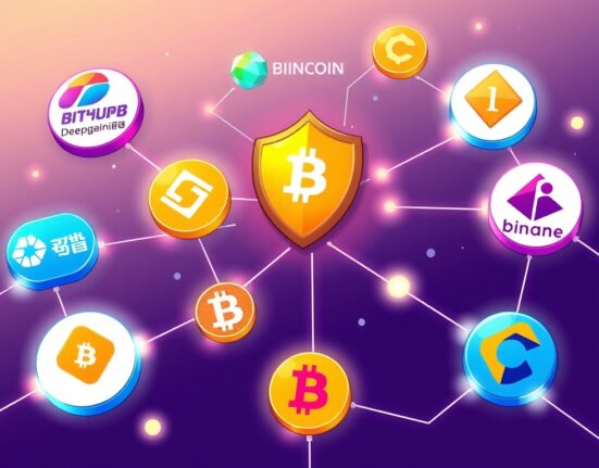 An illustration showing secure data transfer between Bithumb and Deepcoin, highlighting enhanced Travel Rule compliance for crypto exchanges.