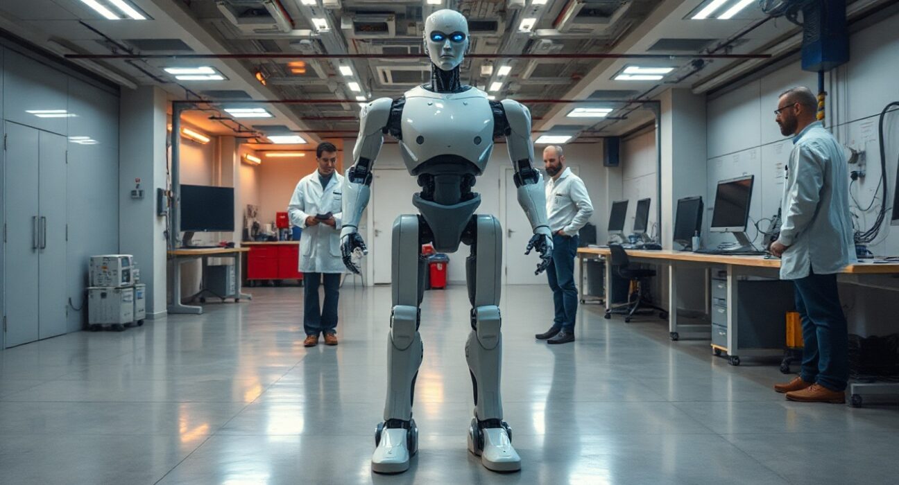 Robotics research facility with humanoid robot prototype and engineers