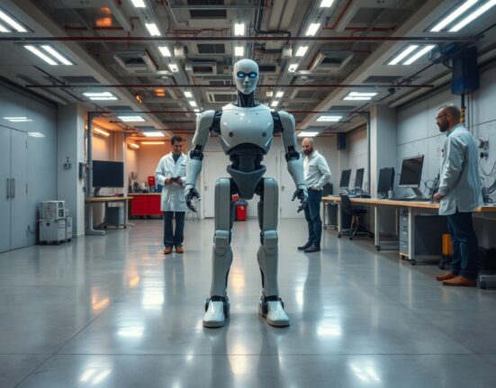 Robotics research facility with humanoid robot prototype and engineers
