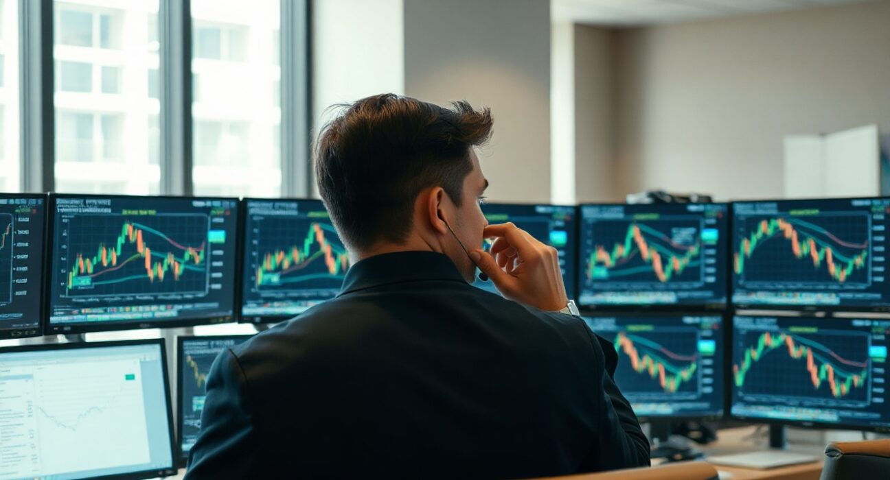 Trader monitoring Treasury yields and oil prices on screens in a financial firm