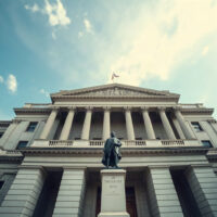 US Treasury Department building in Washington, DC, under a clear sky.