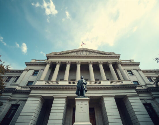 US Treasury Department building in Washington, DC, under a clear sky.