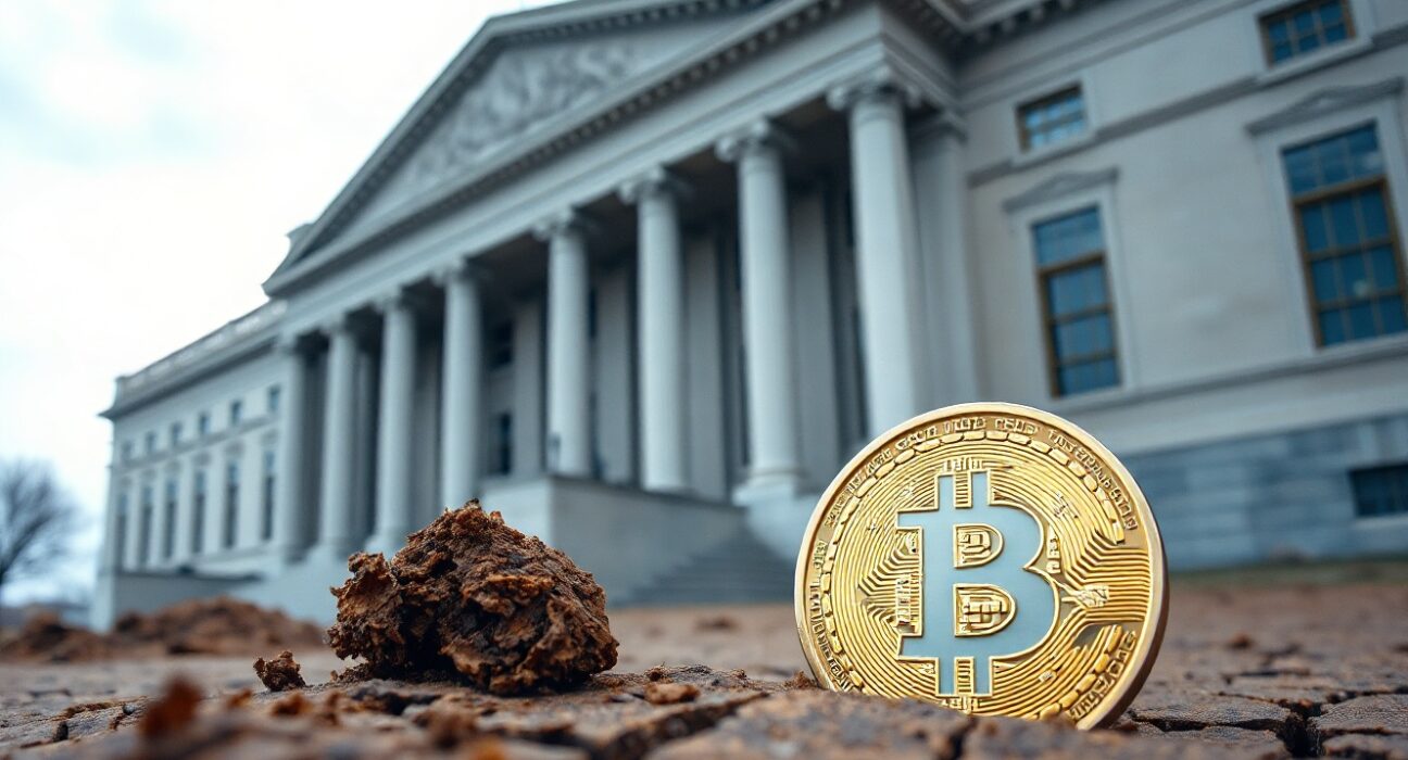 US Treasury building with a Bitcoin coin in dry cracked earth, symbolizing liquidity pressure on crypto.