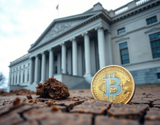 US Treasury building with a Bitcoin coin in dry cracked earth, symbolizing liquidity pressure on crypto.