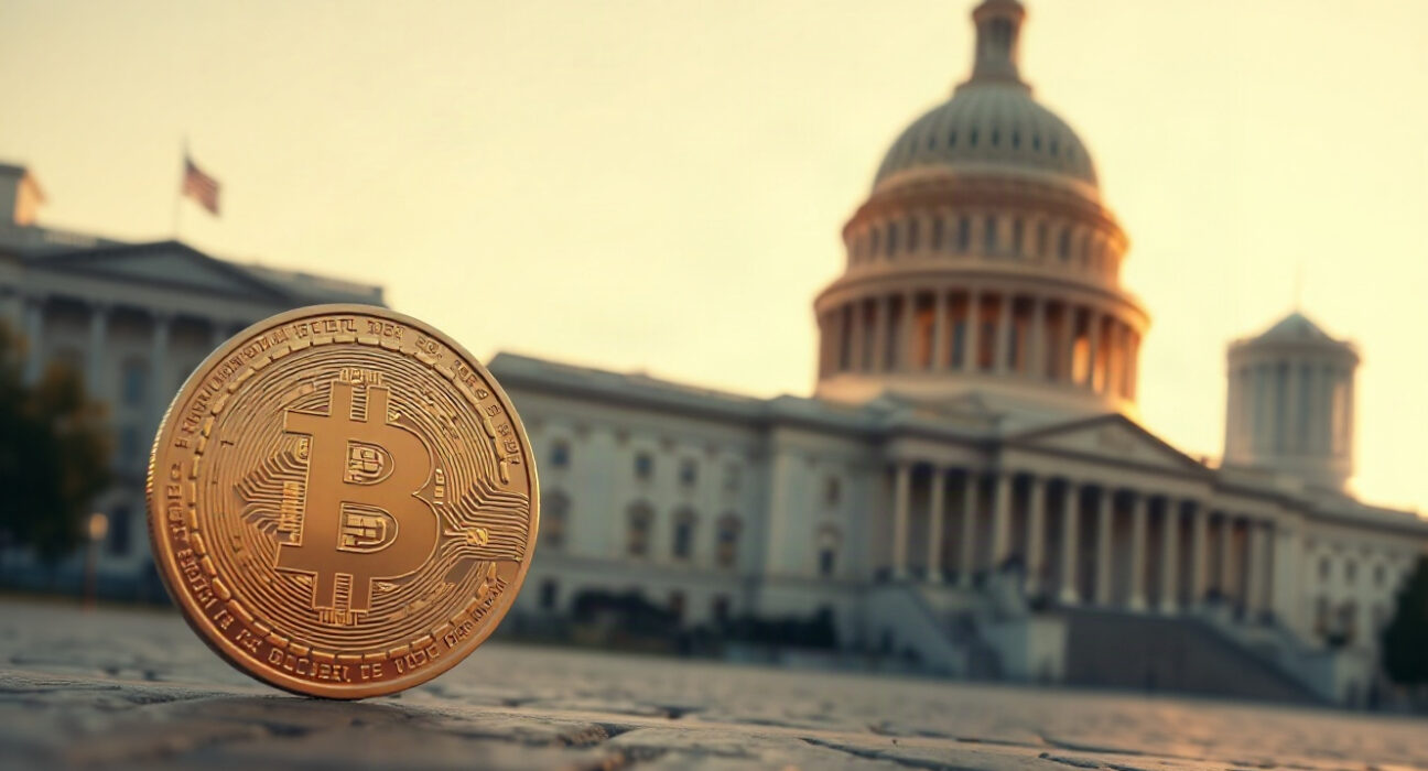 Bitcoin coin in foreground with U.S. Capitol and financial skyline in background, symbolizing crypto and policy interaction.