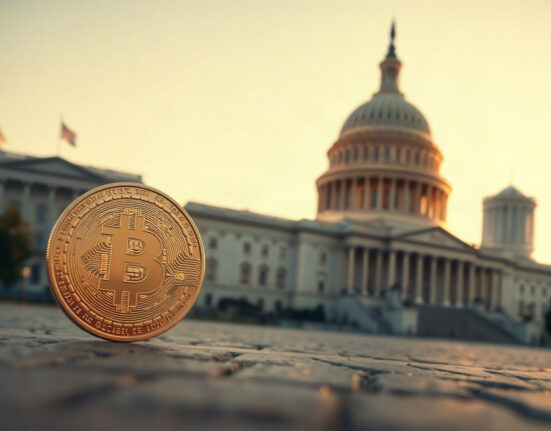Bitcoin coin in foreground with U.S. Capitol and financial skyline in background, symbolizing crypto and policy interaction.