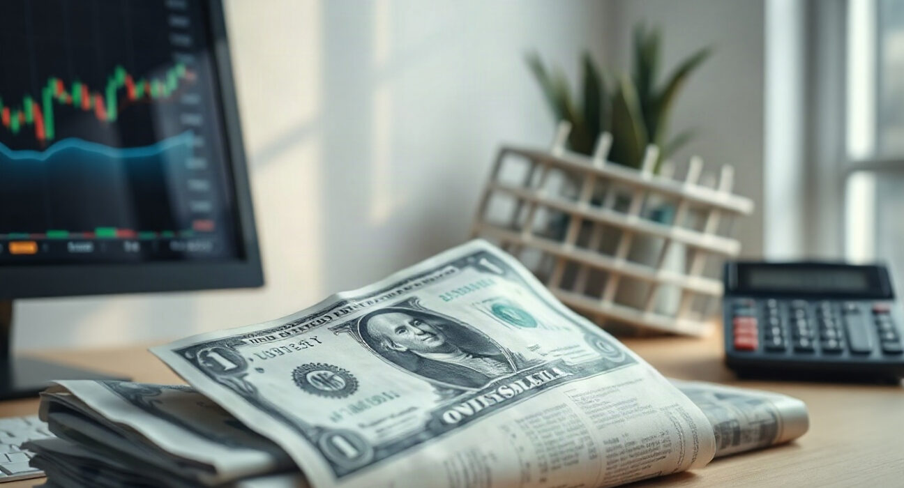 US dollar bills with financial charts and calculator on a desk